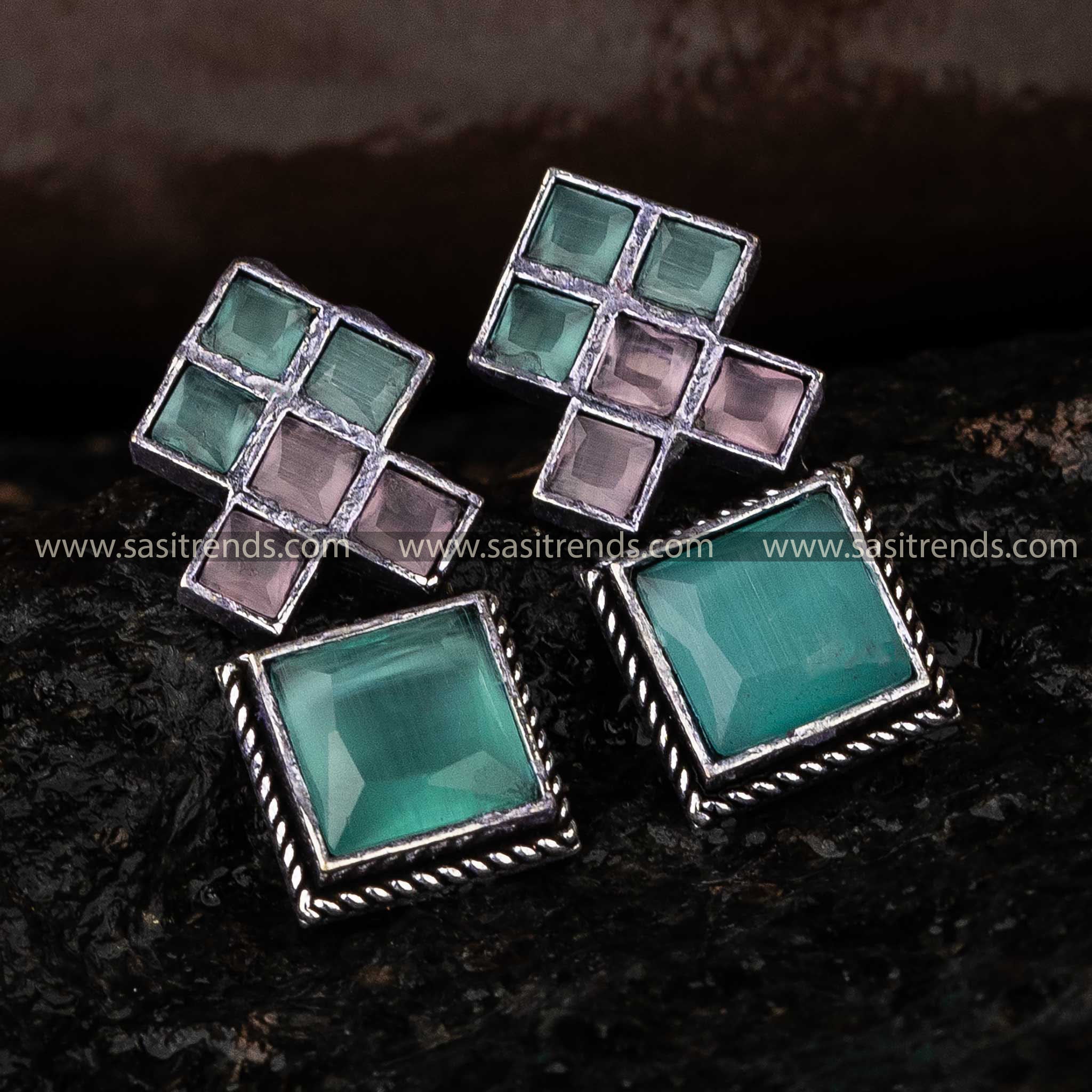 Mint And Pink Oxidised Square Stone Stud Push Back Festive Collection Earrings Sasitrends