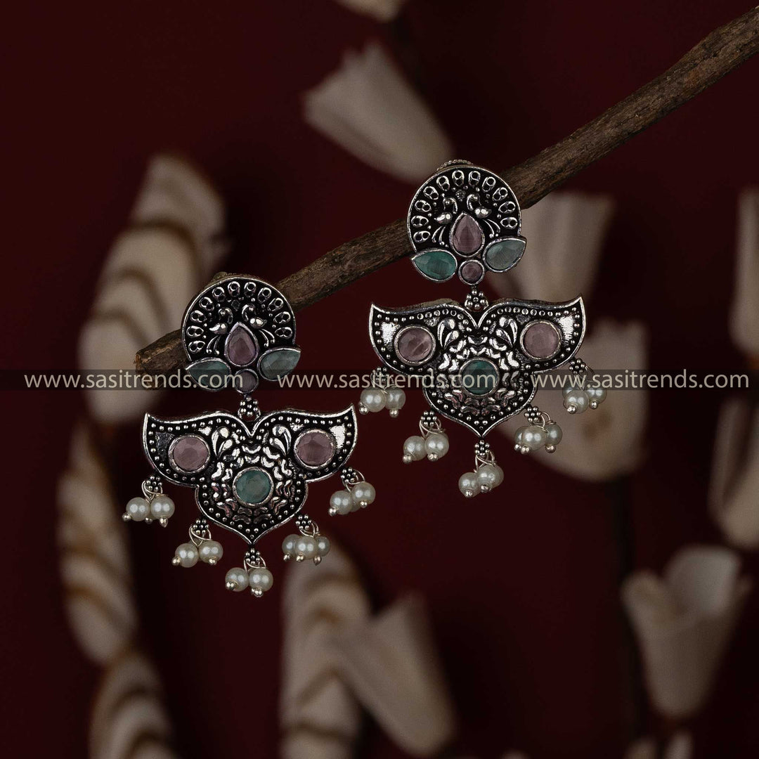 Mint Pink Stone Oxidised Peacock Earrings Sasitrends Online Shopping