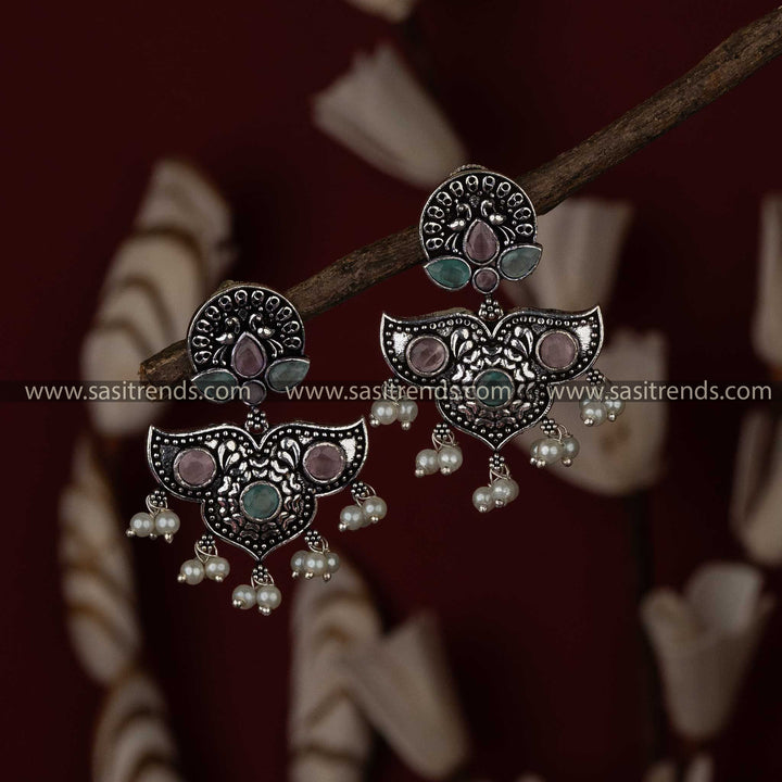 Exquisite Oxidised Silver Peacock Chandbali Earrings with Stones and Pearls