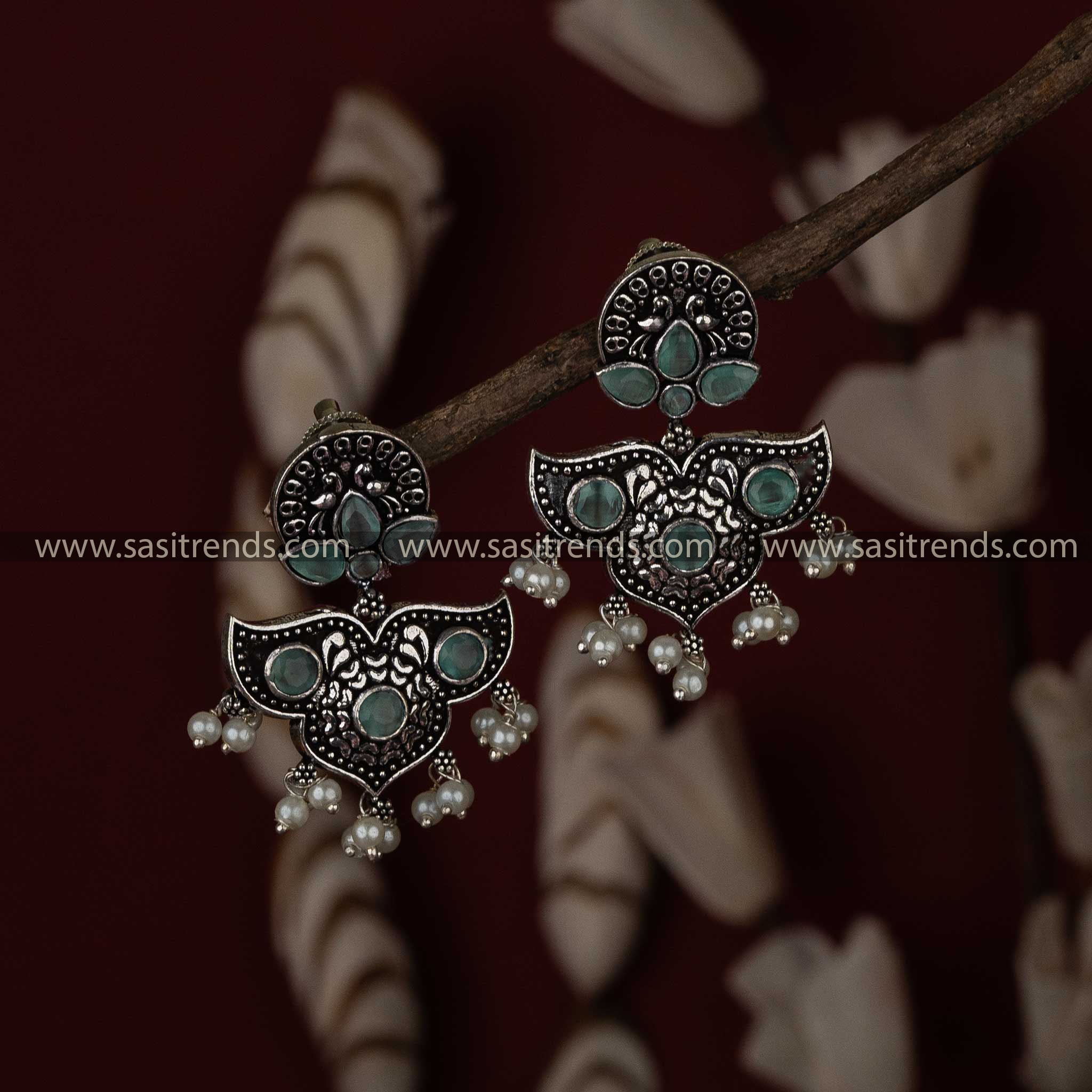 Mint Stone Navarathiri Oxidised Earrings Sasitrends Online Shopping