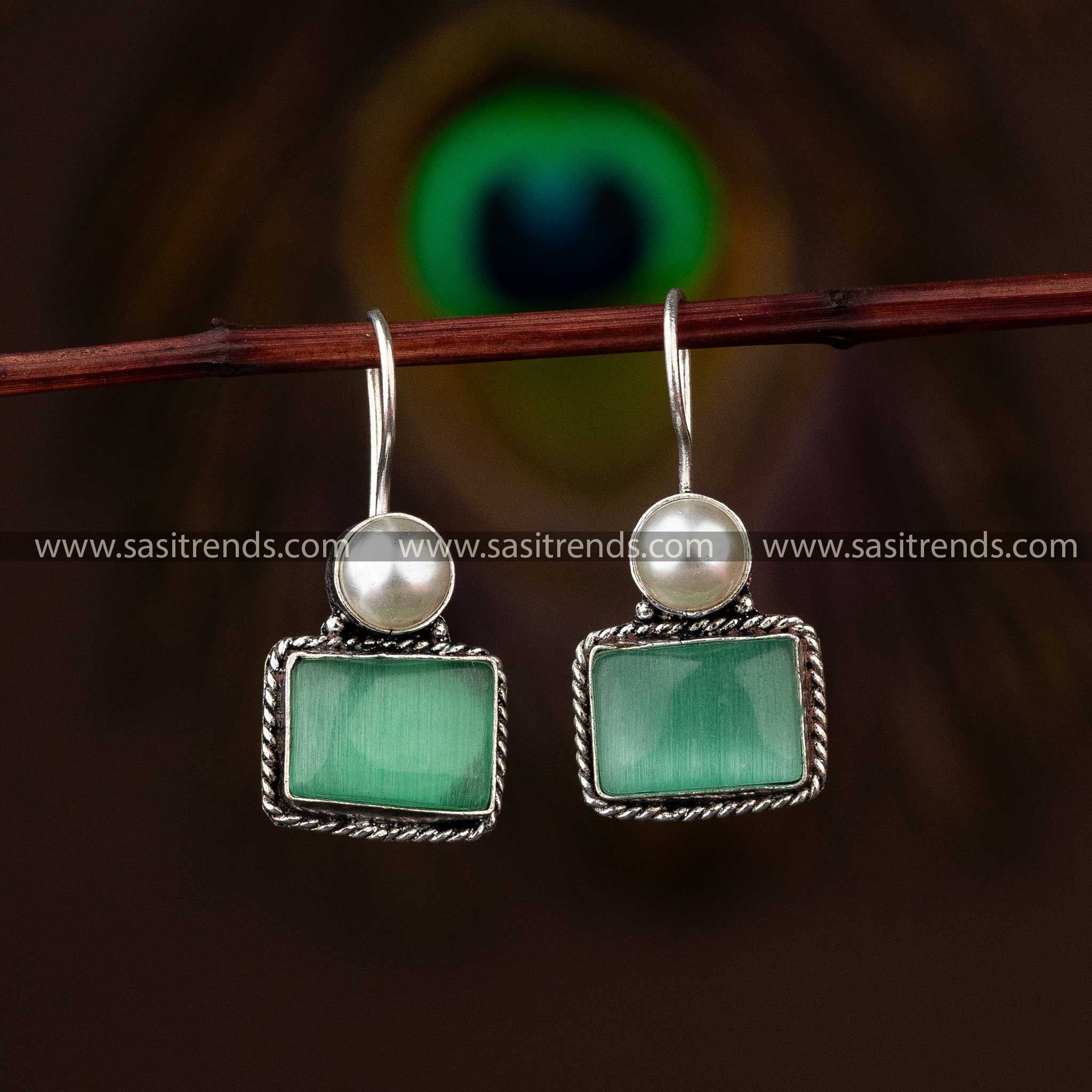 Elegant Mint Stone Oxidised Silver Earrings for Special Occasions