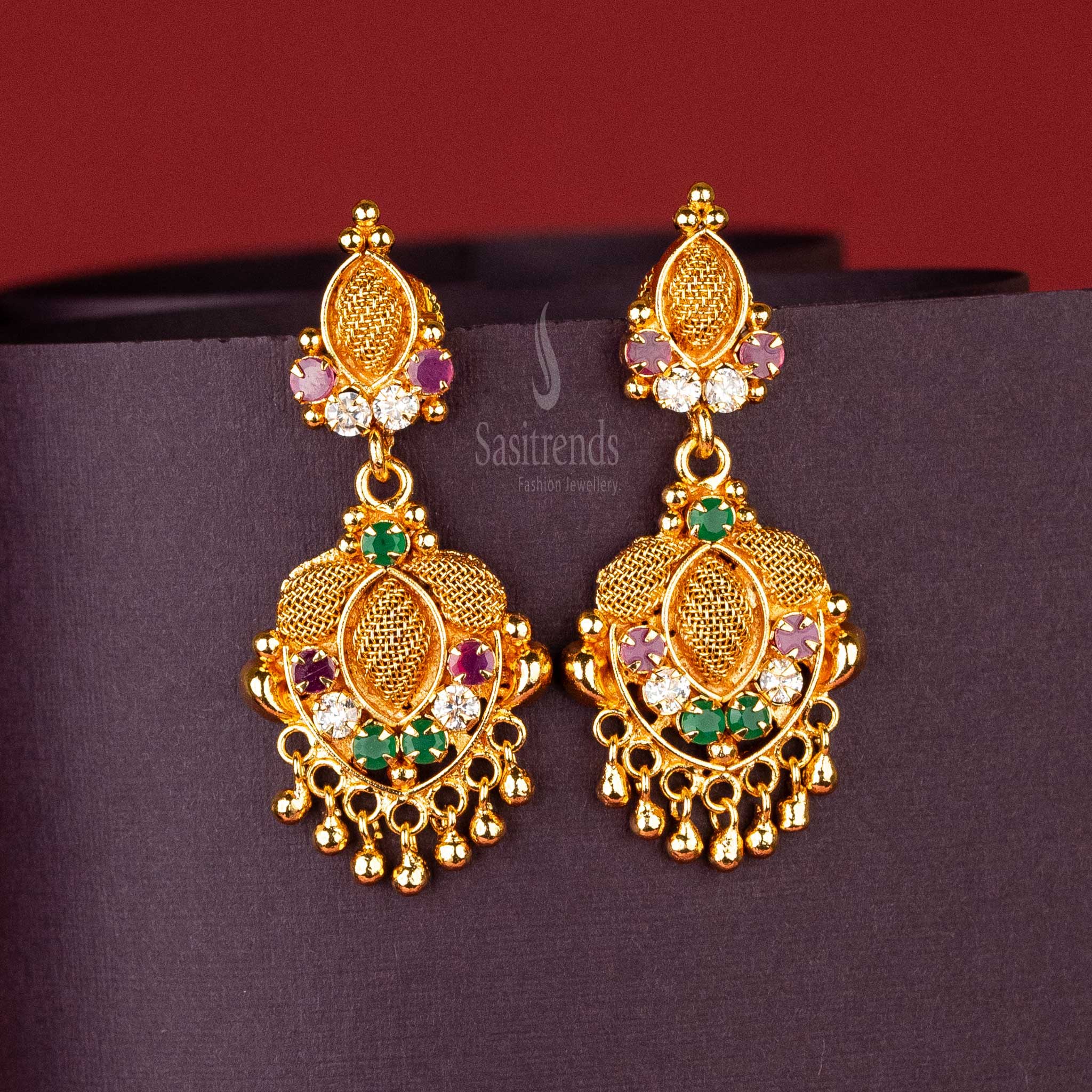 Multi Color Teardrop AD Stone Dangling Earrings - 24 Carat Gold Plated