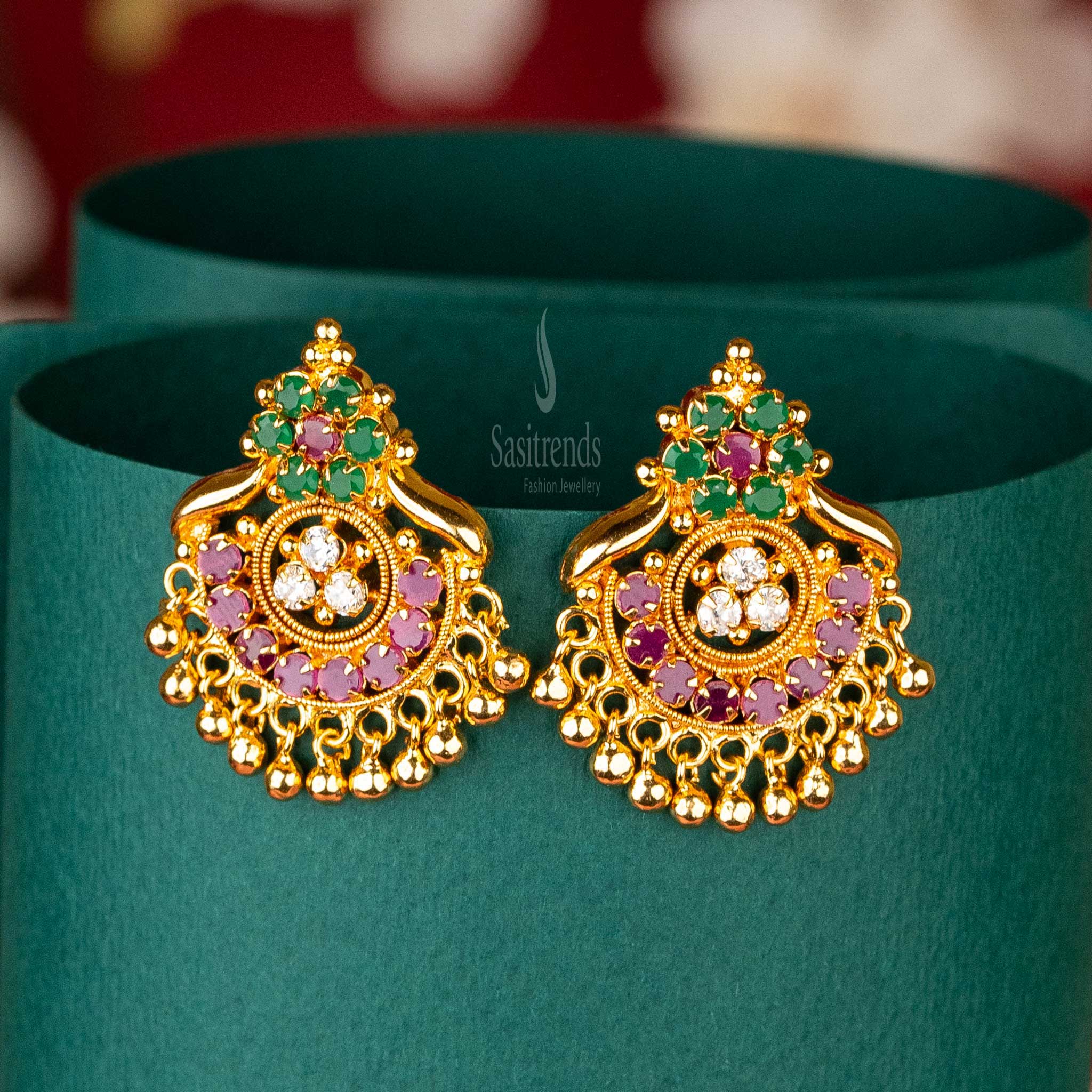 Multi Color AD Stone Studded Gold Plated Stud Tops Earrings