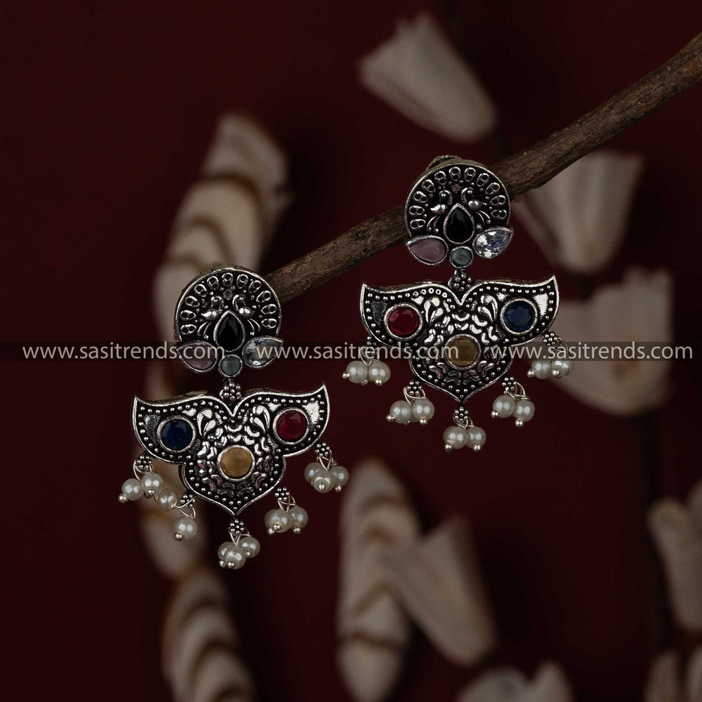 Multi Stone Stud Oxidised Chanfbali Earrings Sasitrends Online Shopping