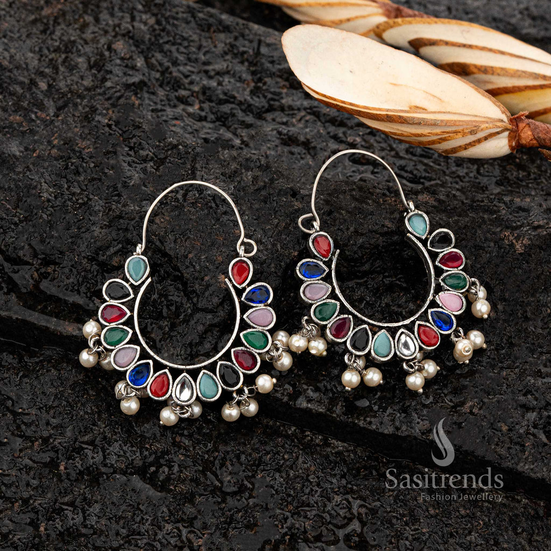 Multi-colour pear stone oxidised hoop earrings with pearls - Sasitrends 