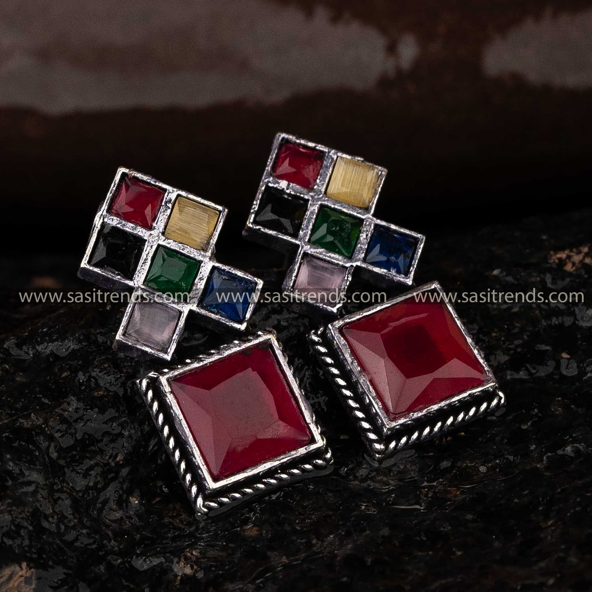 Multi Color Square Oxidised Earrings Navarathiri Special By Sasitrends