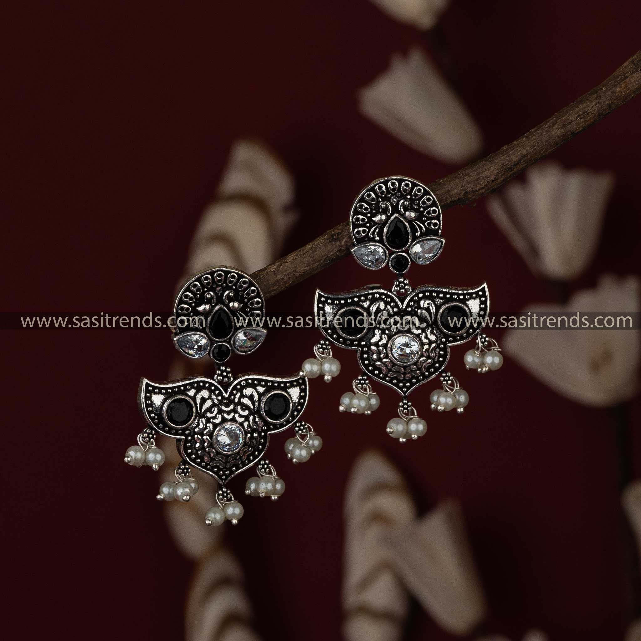 Navarathiri Oxidised White And Black Stone Stud Pearl Earrings Sasitrends Online Shopping