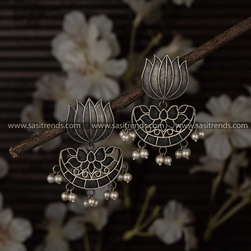 Navarathiri Special Oxidised Lotus Pearl Drop Earrings