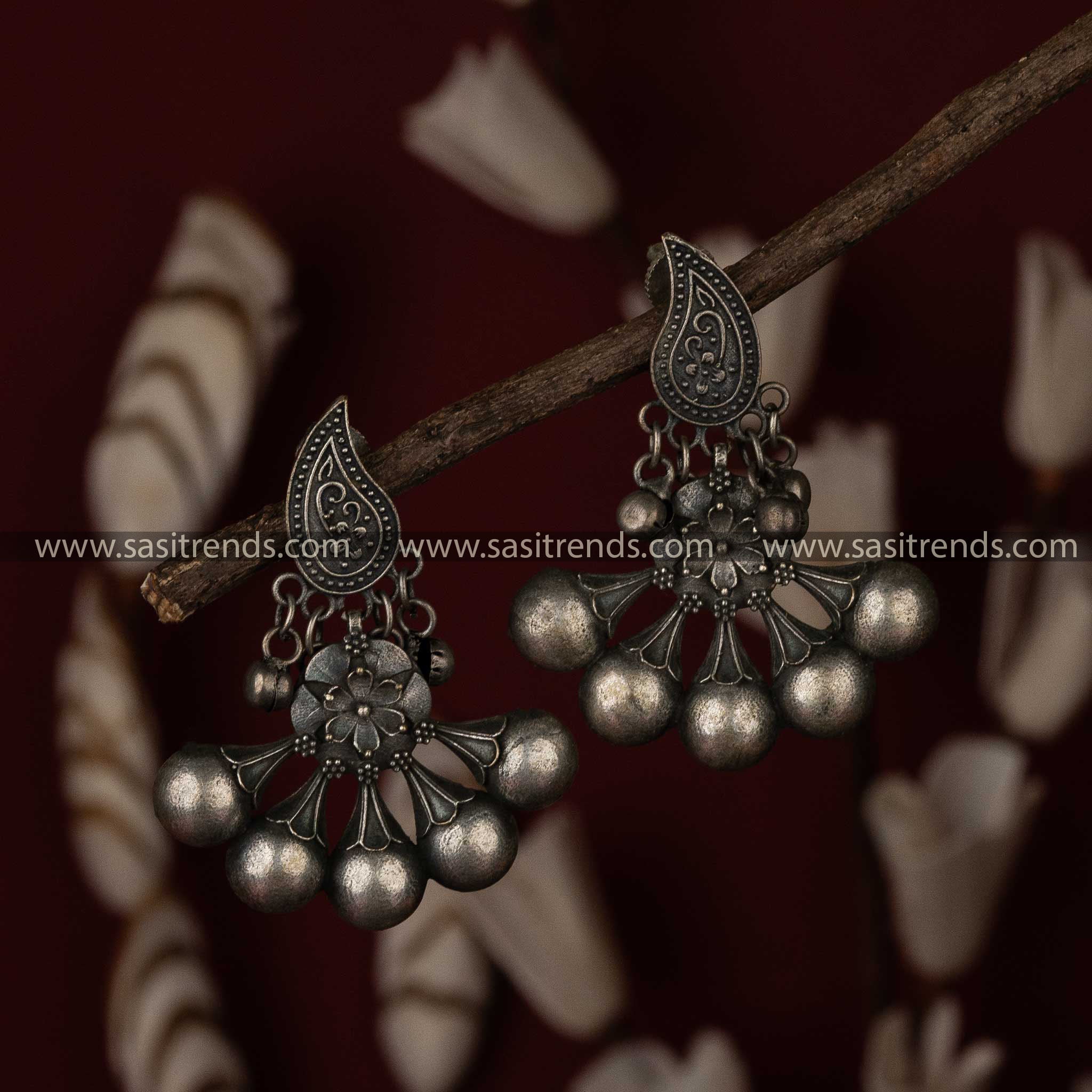 Oxidised silver Chandabali earrings with paisley motif for Navarathiri