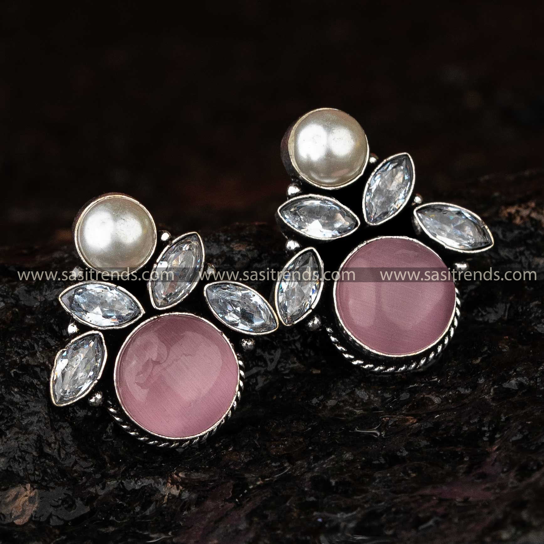 Pink Monalisa Stone Oxidised Earrings for Navarathiri Celebrations