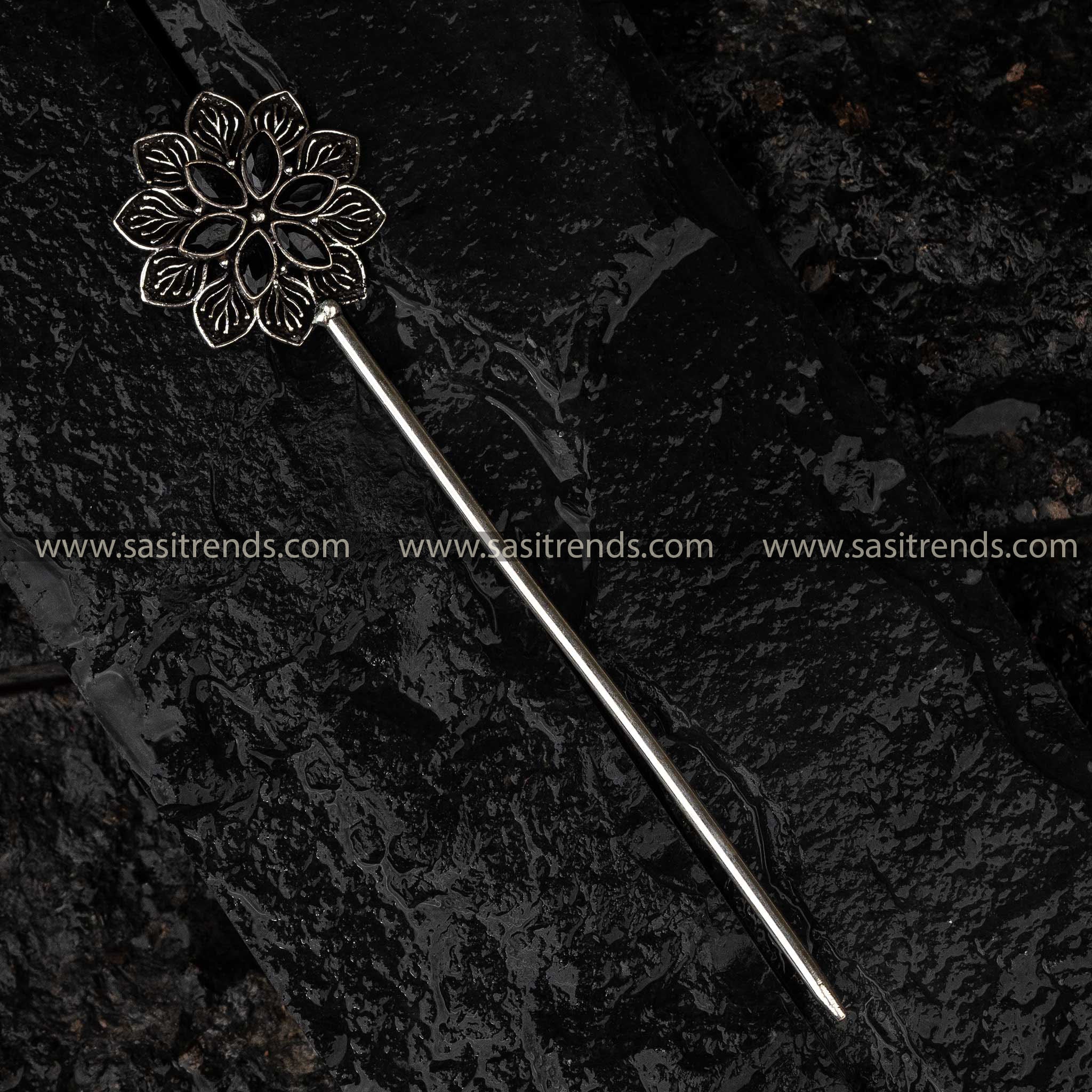 Navarathiri Special Elegance Black Stone Oxidised Flower Hair Stick Sasitrends Online Shopping