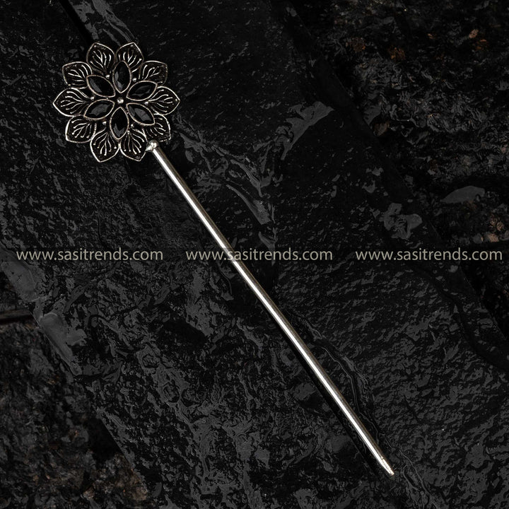 Oxidised Stone-Studded Floral Hair Bun Stick in Black, Ruby, Ruby-Green, and Multi - Sasitrends