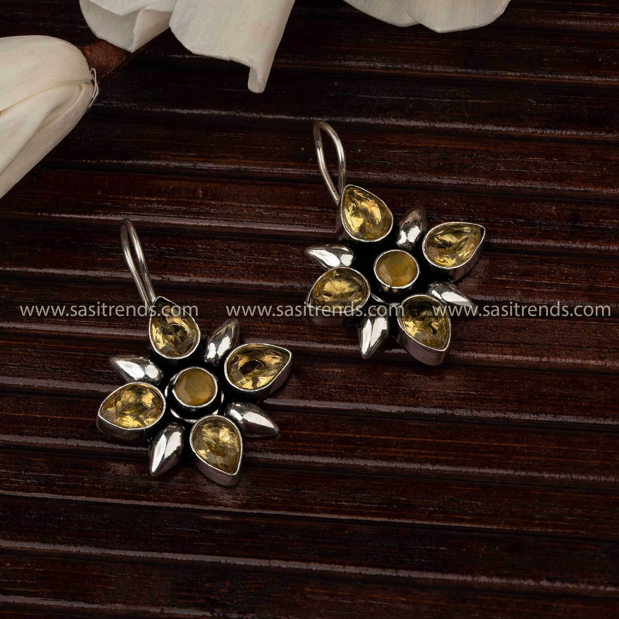 Navarathiri Special Latest Oxidised Yellow Stone Stud Fish Hook Earrings Sasitrends