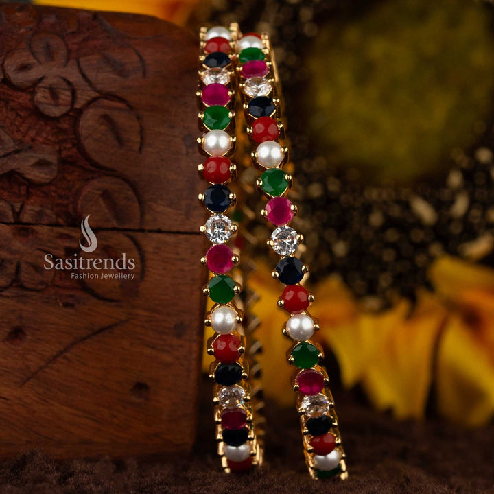 Vibrant Navaratna Micro Gold Plated American Diamond Bangles with Multi-Color Gemstones - Sasitrends