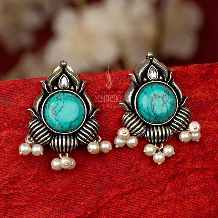 Chic oxidised silver earrings with turquoise cabochon stone and pearls for visiting friends