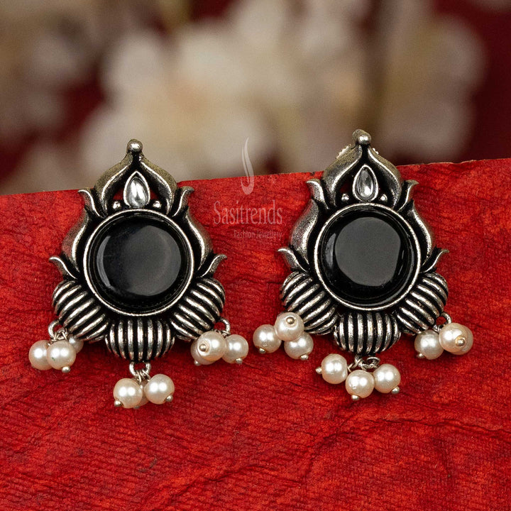 Sasitrends | Colourful Oxidised Silver Earrings with Cabochon Stones and Pearls