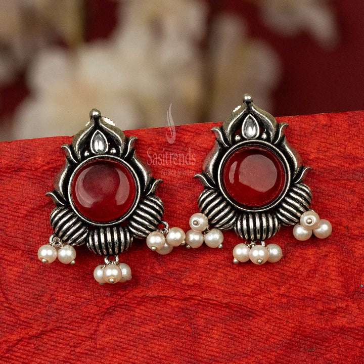 Chic oxidised silver earrings with maroon cabochon stone and pearls for visiting friends