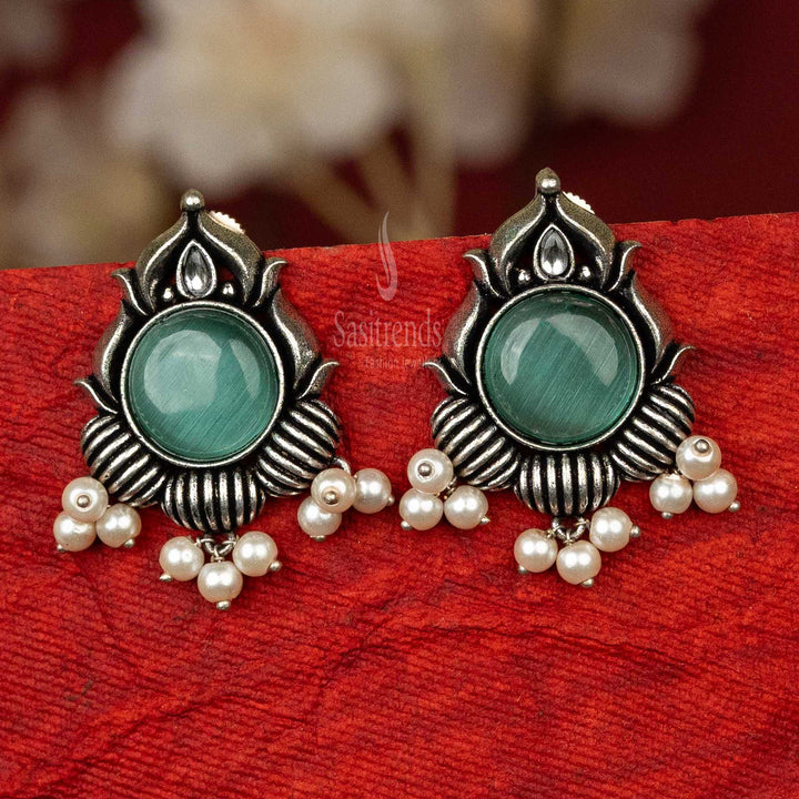 Chic oxidised silver earrings with mint cabochon stone and pearls for visiting friends