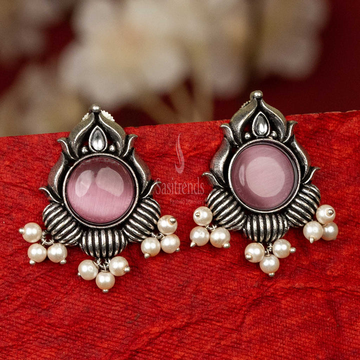 Chic oxidised silver earrings with pink cabochon stone and pearls for visiting friends