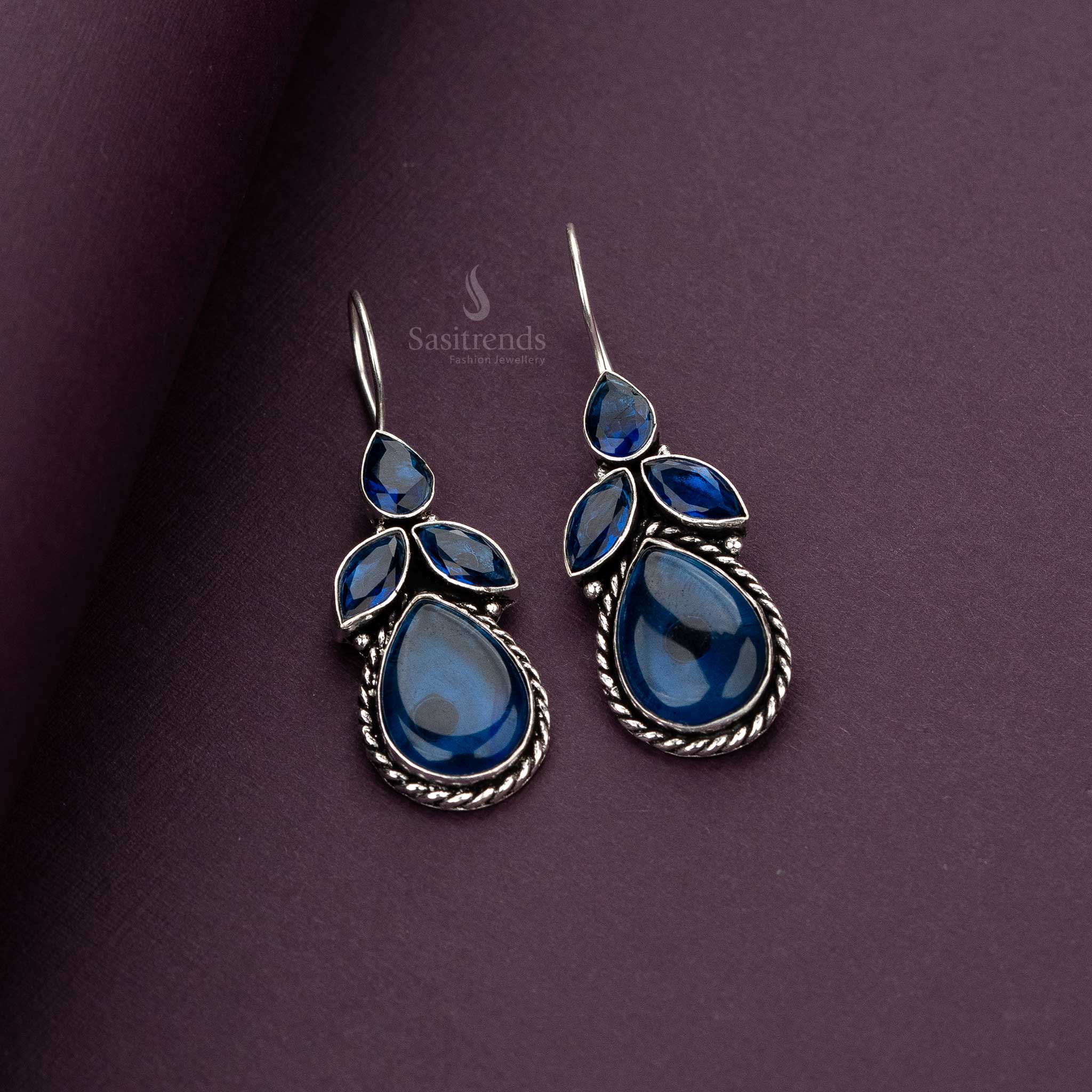 Oxidised Silver Earrings Featuring Navy Blue Teardrop and Marquise Stones