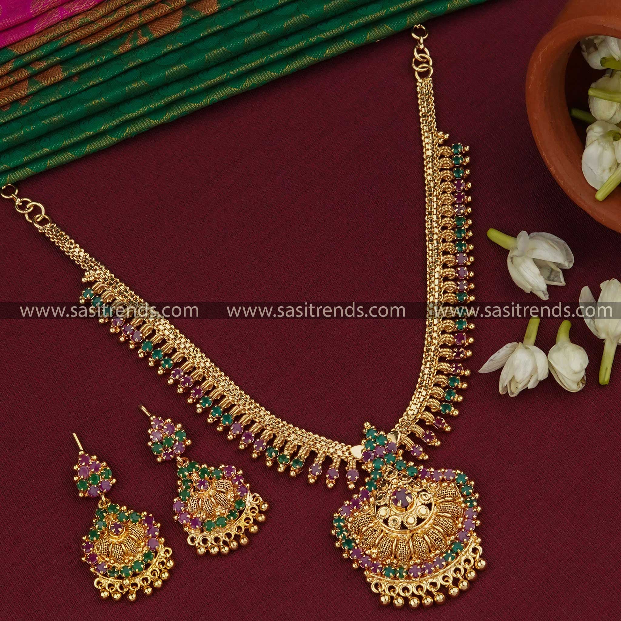 Ethnic Charm: Traditional Micro Gold Plated Tilak Pendant Necklace Jewellery Set with Sparkling Stone and Golden Balls - Sasitrends