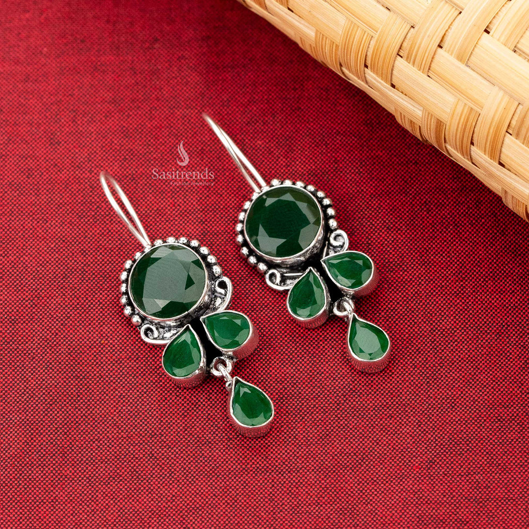 Oxidised Silver Drop Earrings with Emerald Green Stones Sasitrends
