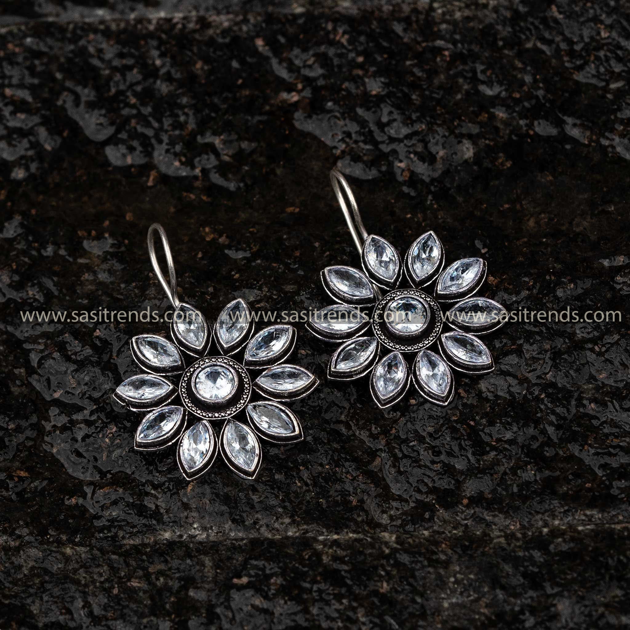 White Stone Floral Oxidised Earrings Perfect for Navarathiri Celebrations