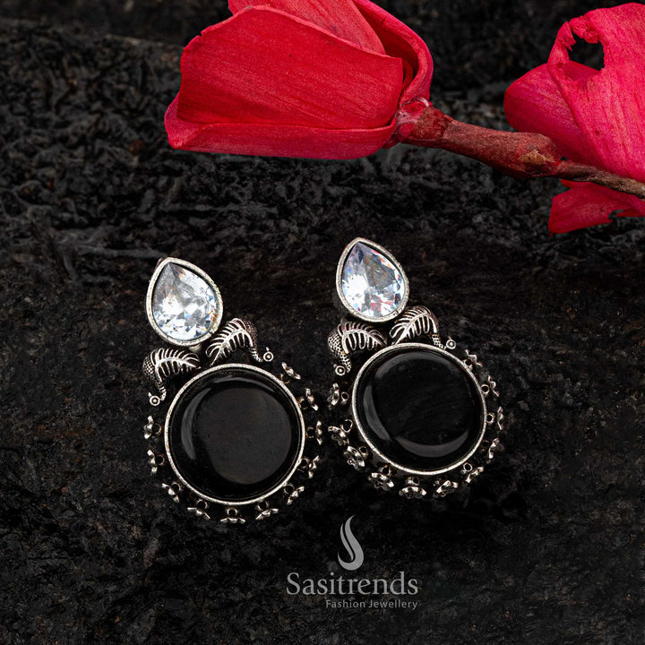 Elegant Oxidised Silver Earrings with Monalisa Stone & CZ Leaf Motif - Sasitrends