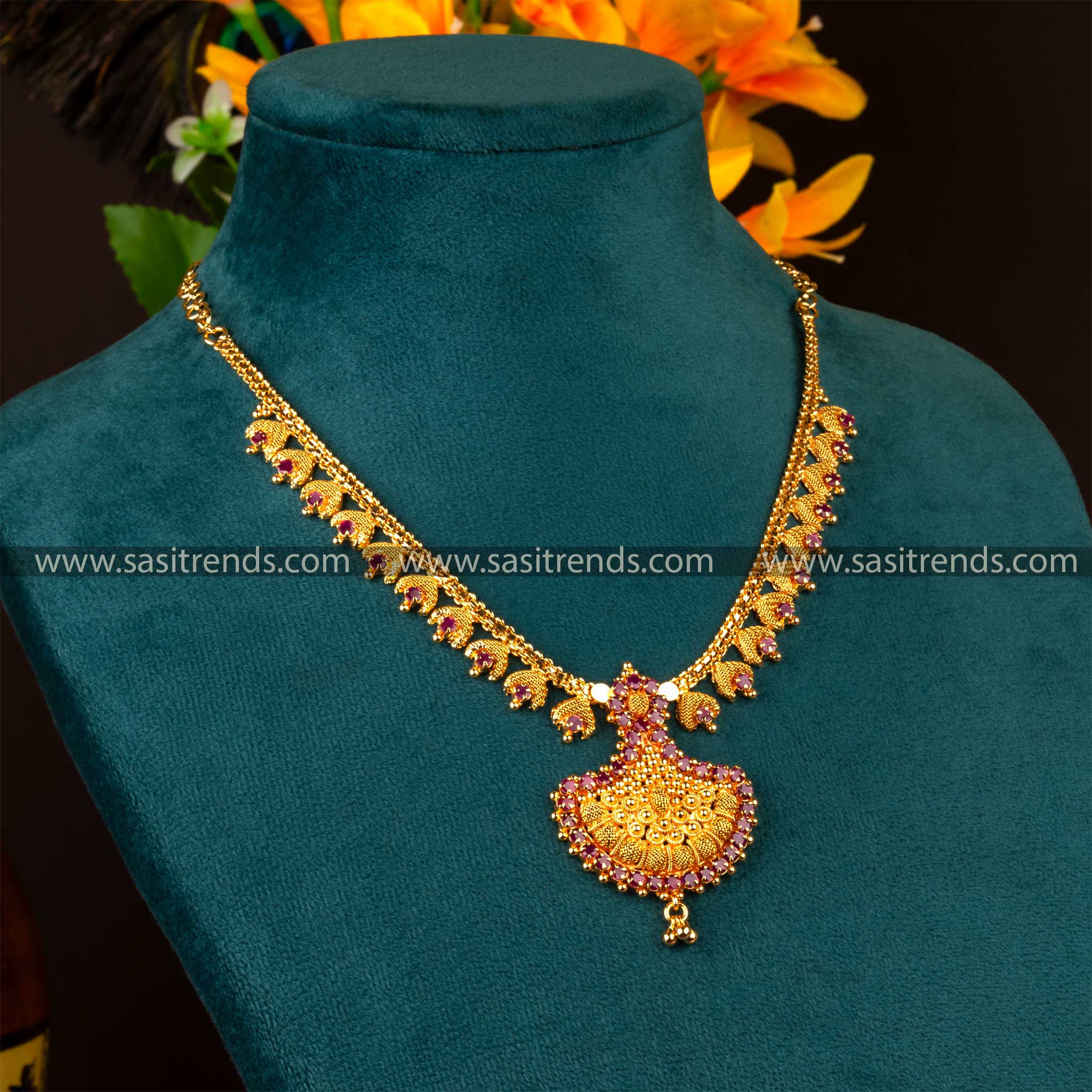 Micro gold plated one gram American Diamond floral pendant necklace in ruby color with intricate net design