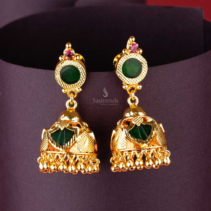 Green Palakka jhumka earrings with pink stone, micro gold plated