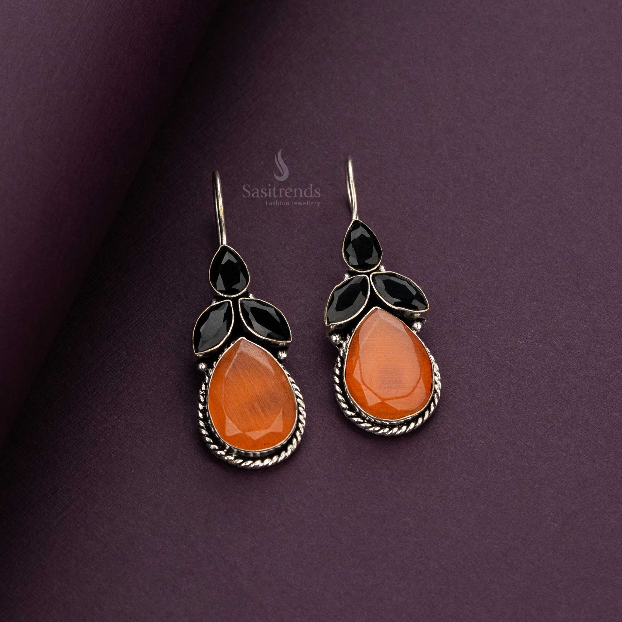 Oxidised Earrings with Orange Teardrop and Contrasting Black Stones