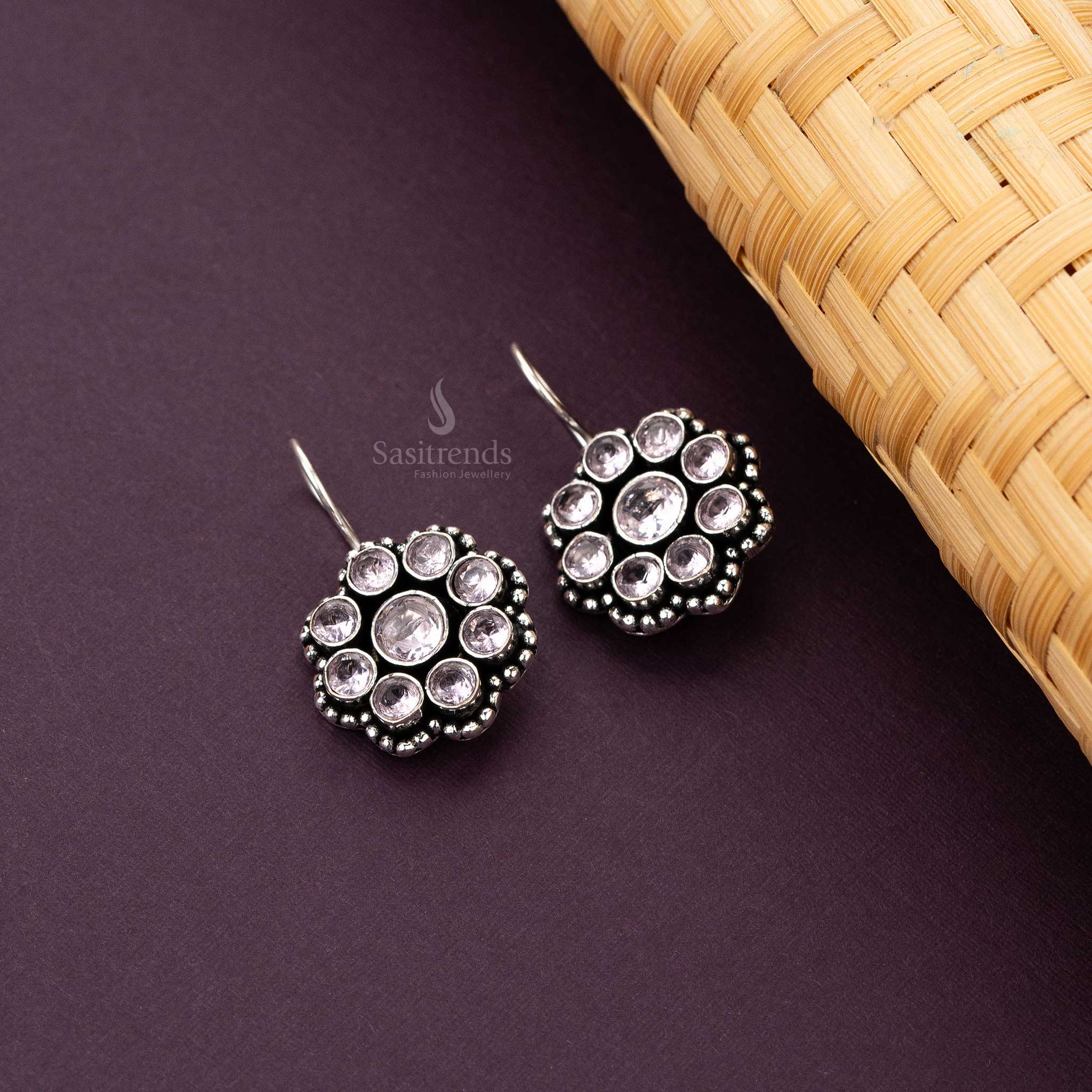 Oxidised Silver Floral Drop Earrings with Clear White Stones 