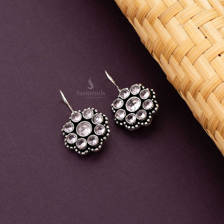 Sasitrends - Oxidised Silver Floral Drop Earrings with Multi-Coloured Stones