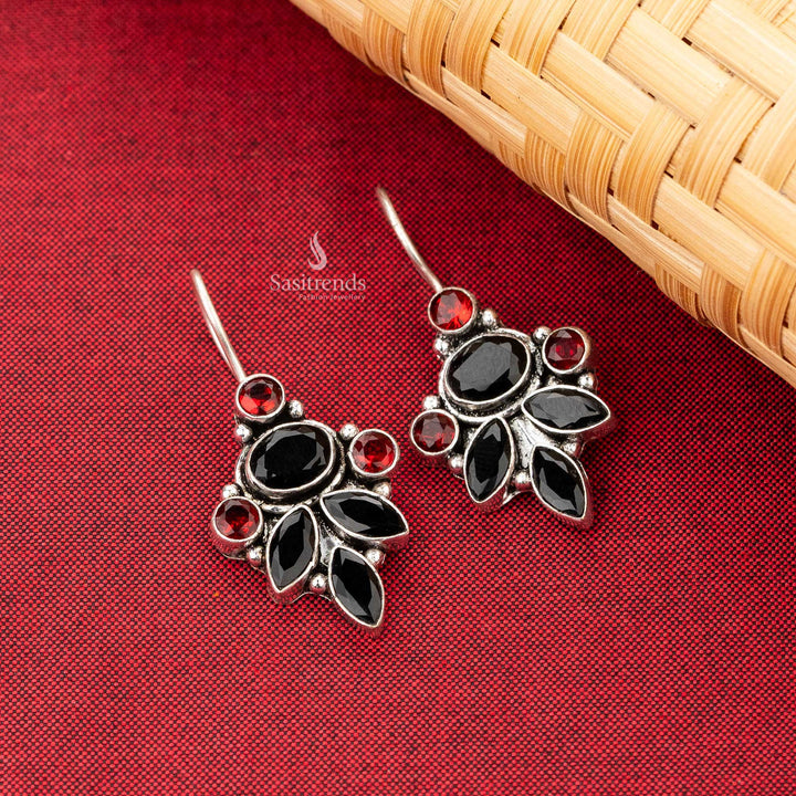 Oxidised Silver Earrings with Black and Red Stones in a Unique Leaf Arrangement