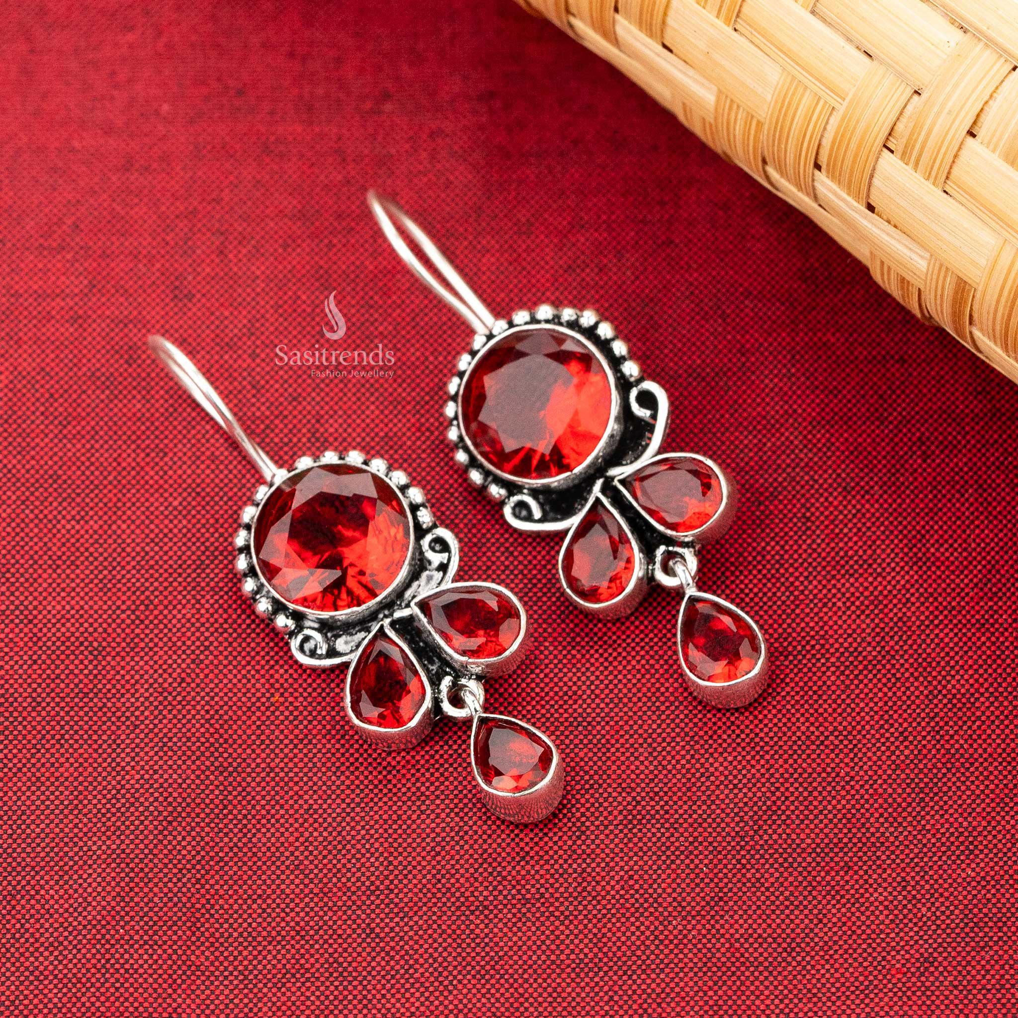 Oxidised Silver Drop Earrings with Red Stones Stud Navaratri Special Sasitrends