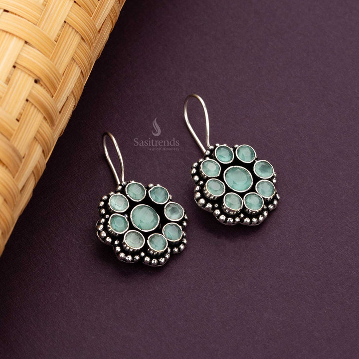 Oxidised mint natural stone floral designer natural stone stud navaratri special earrings