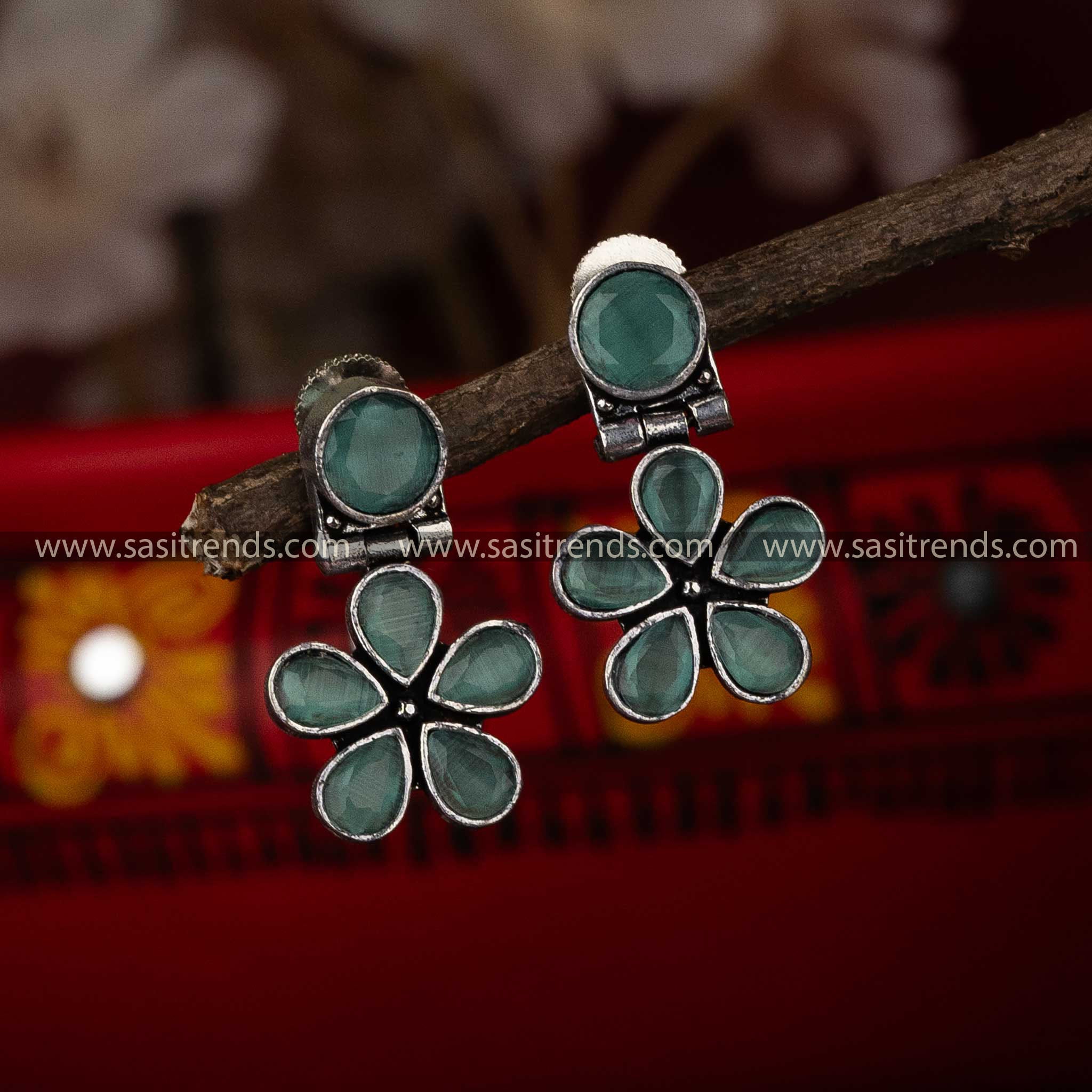 Oxidised Mint Stone Stud Earrings Navarathiri Special Accessory Sasitrends Online Shopping