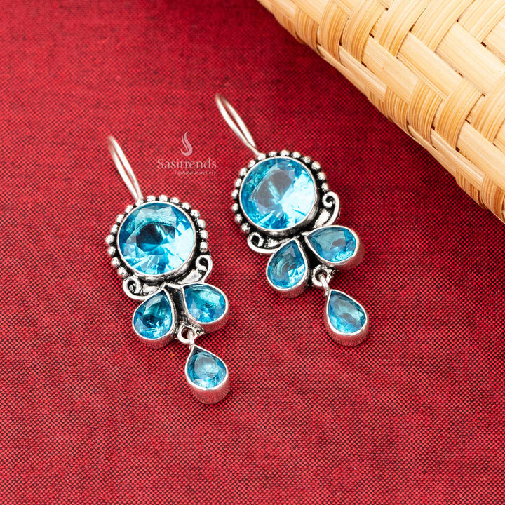 Oxidised Silver Drop Fish Hook Earrings with Aqua Blue Natural Stones Stud Sasitrends