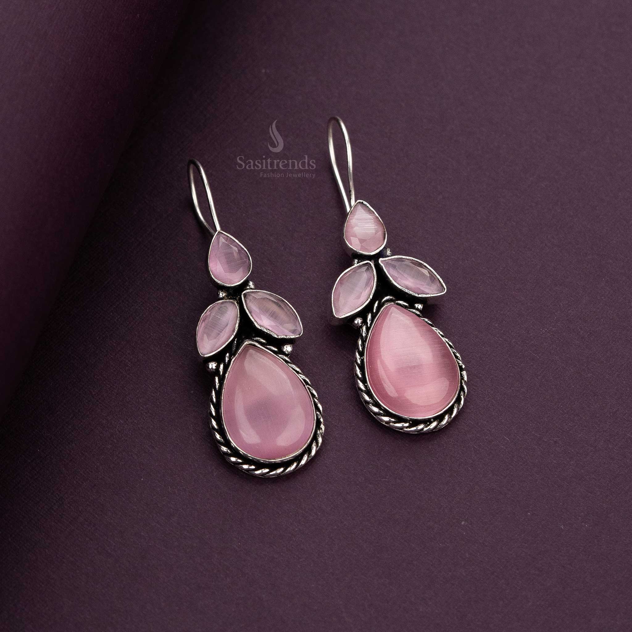 Oxidised Silver Drop Earrings with Pink Stones Sasitrends