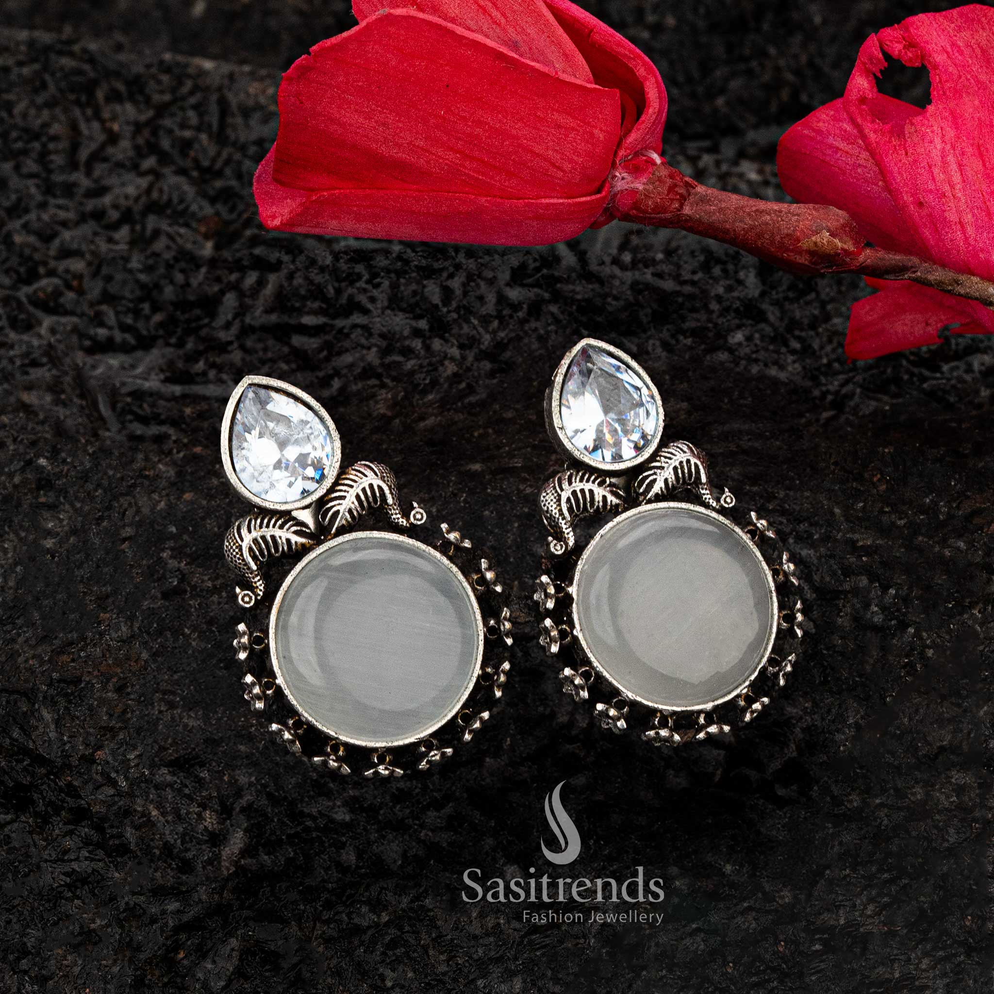 Classic white Monalisa stone earrings with CZ and oxidised silver detailing - Sasitrends





