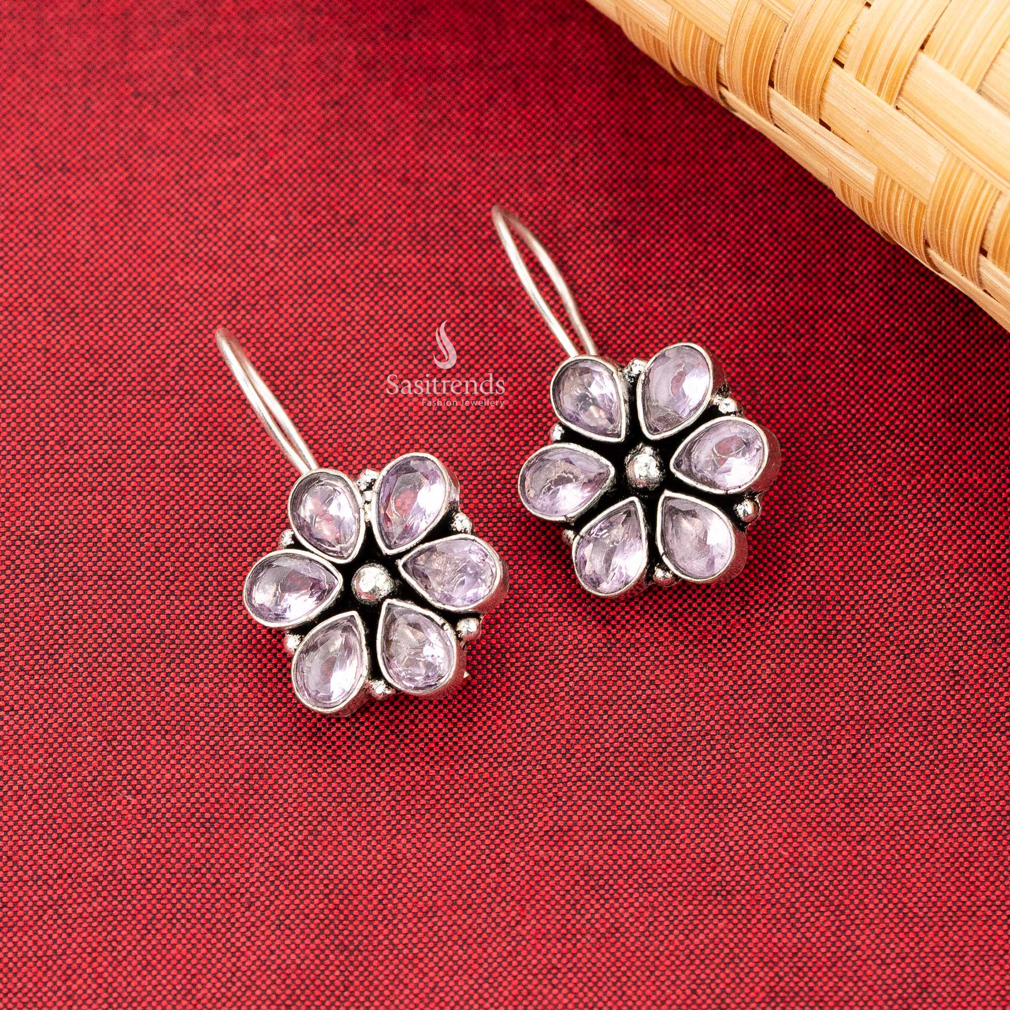 oxidised violet floral pattern fish hook earrings sasitrends online shopping