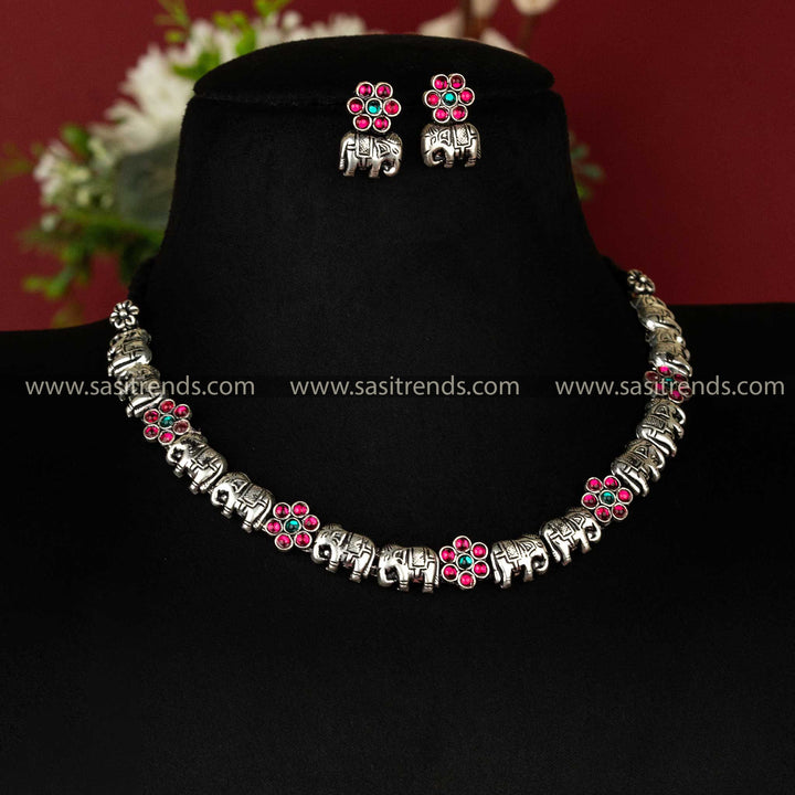 Sasitrends - Oxidised Kolhapuri Elephant and Flower Design Jewellery Set with AD Stones