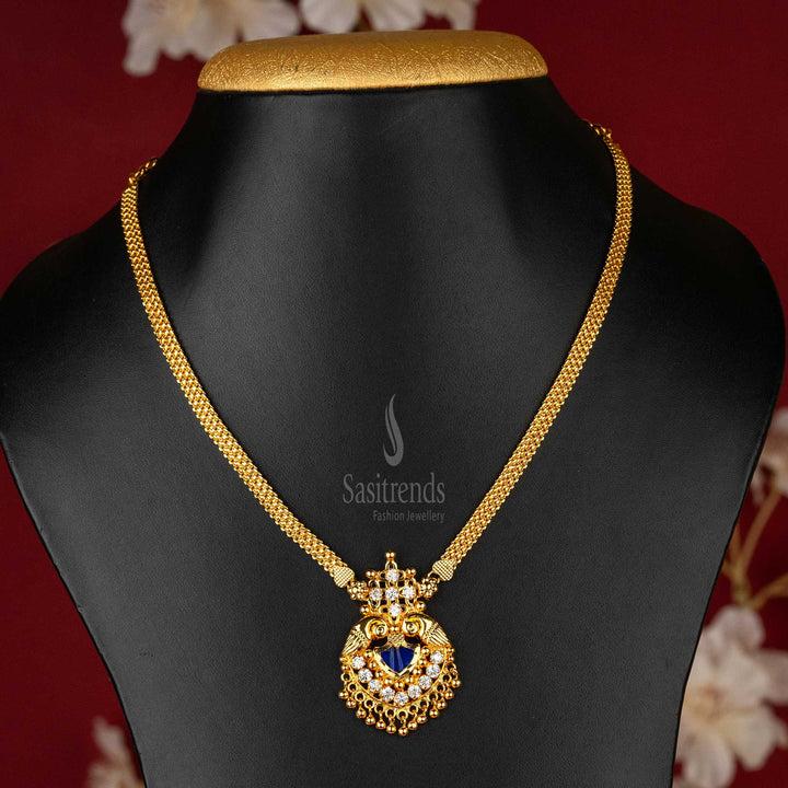 Palakka Pendant Necklace in Kerala Style with Sparkling White Stones, Peacock Embellishments, and Golden Balls