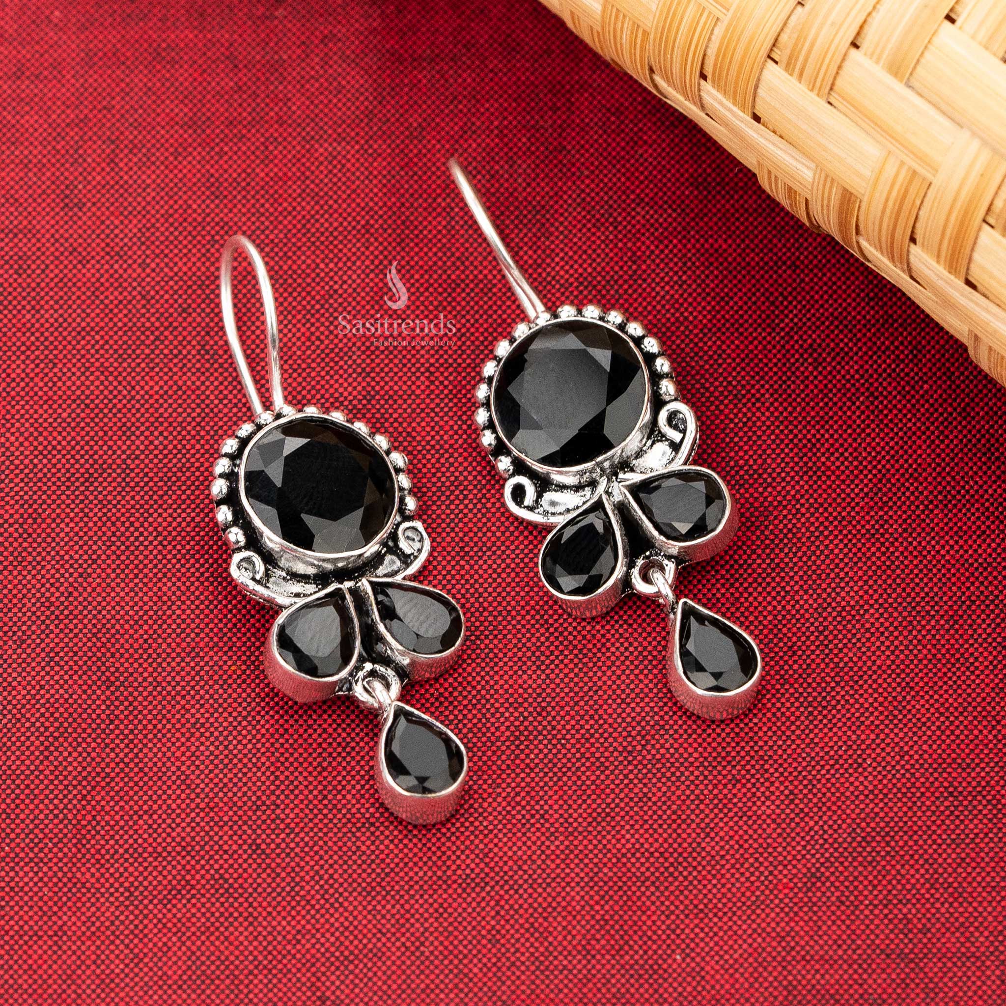 Oxidised Silver Drop Fish Hook Earrings with Black Stones Navarathiri Elegance Sasitrends