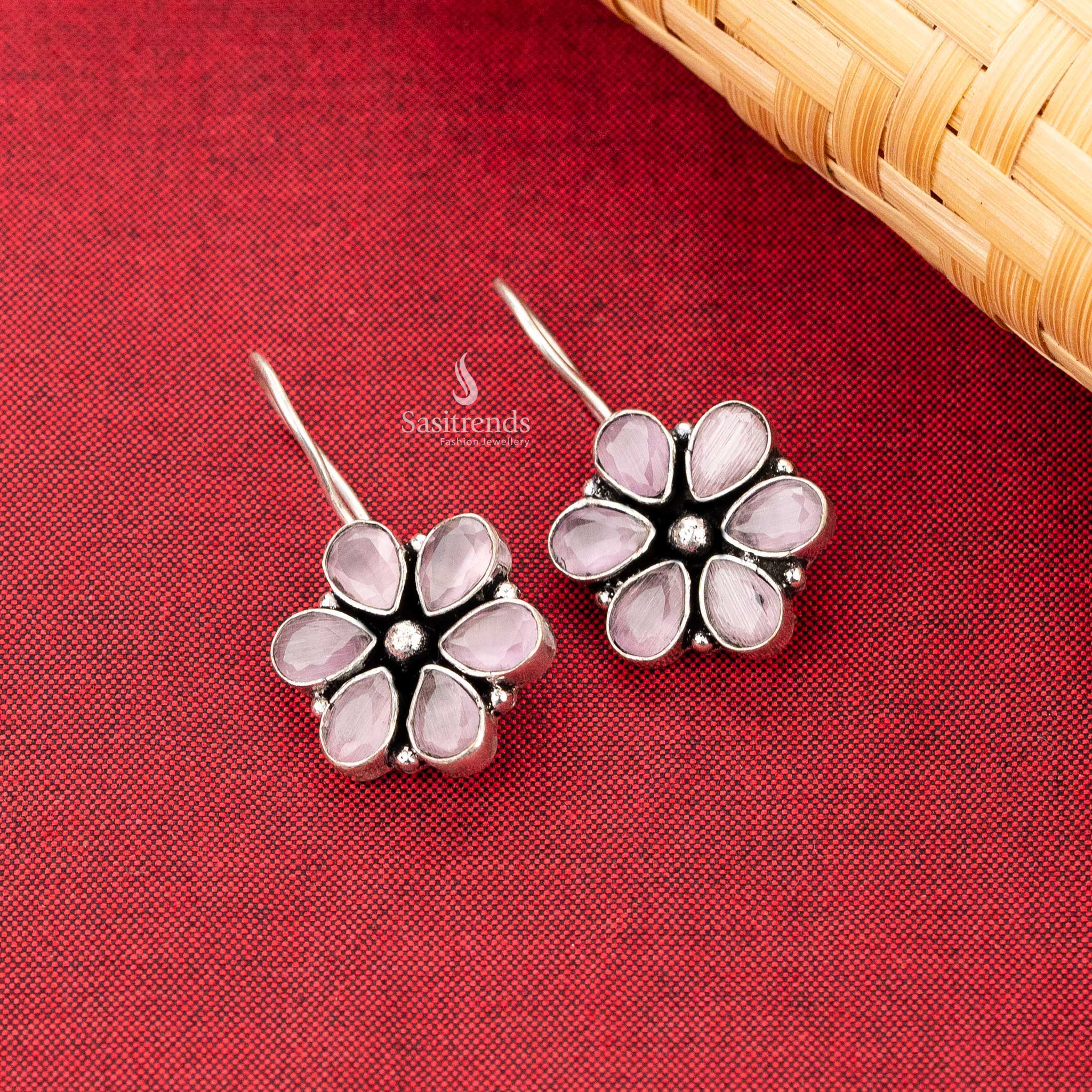 elegant pink floral pattern oxidised  fish hook earrings sasitrends