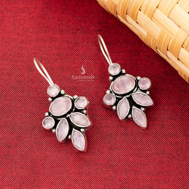 Oxidised Silver Earrings with Pastel Pink Stones in a Leaf Cluster Design