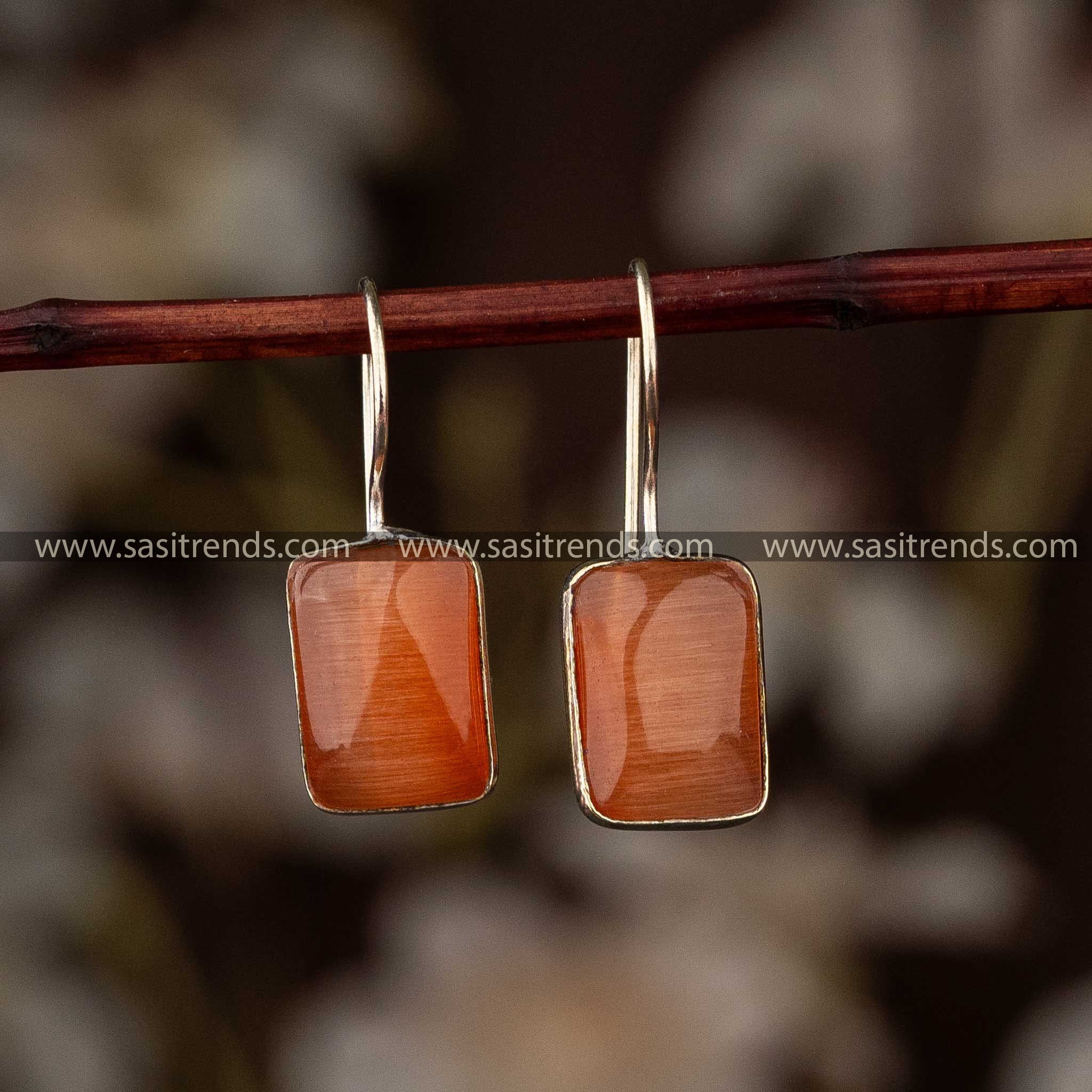 Peach Rectangular Stone Oxidised Fish Hook Earrings Sasitreds Online Shopping