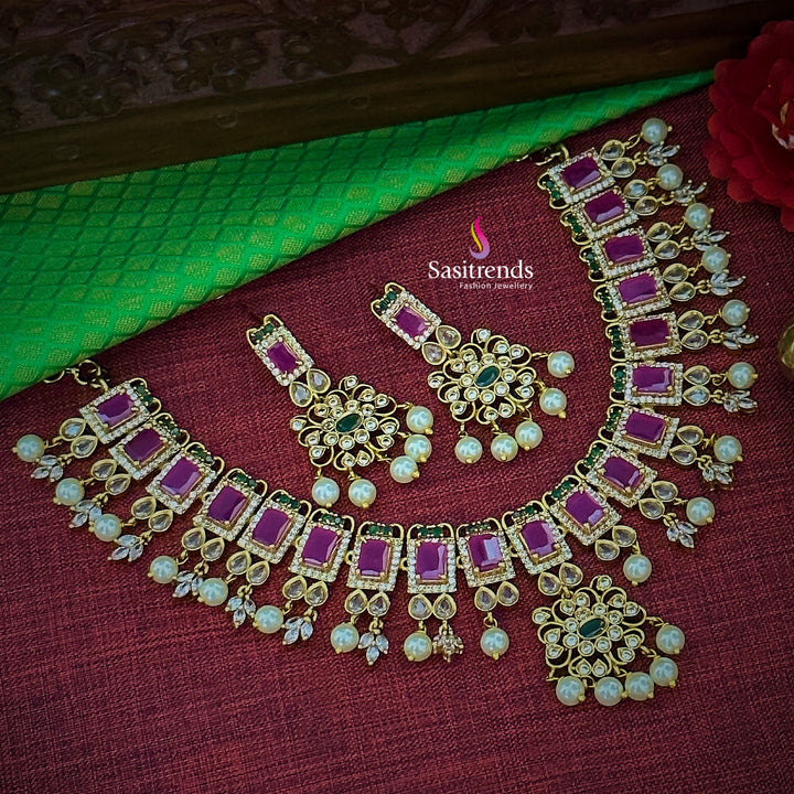 Exquisite Party Wear Temple Matte Gold Plated Floral AD Jewellery Set for Women | Sasitrends