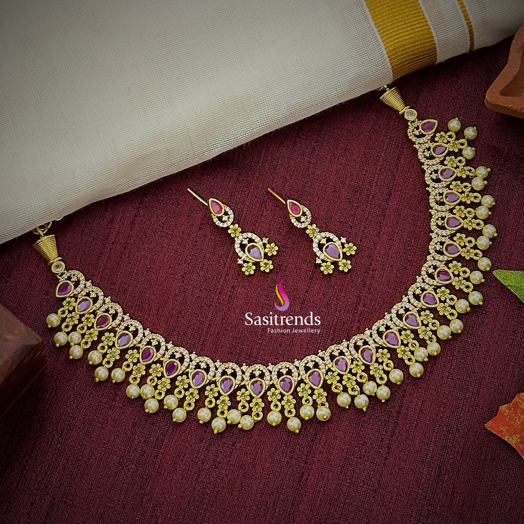 American Diamond gold plated floral collar hot necklace set with earrings