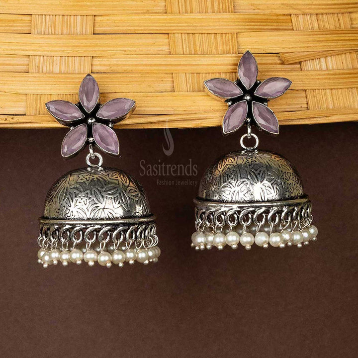 Pink-floral-top-jhumka-earrings-with-pearl-hanging